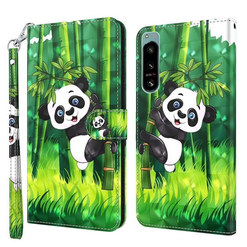 Etui Folio do Sony Xperia 5 IV z Łańcuch Bambusowa Panda Ze Smyczą