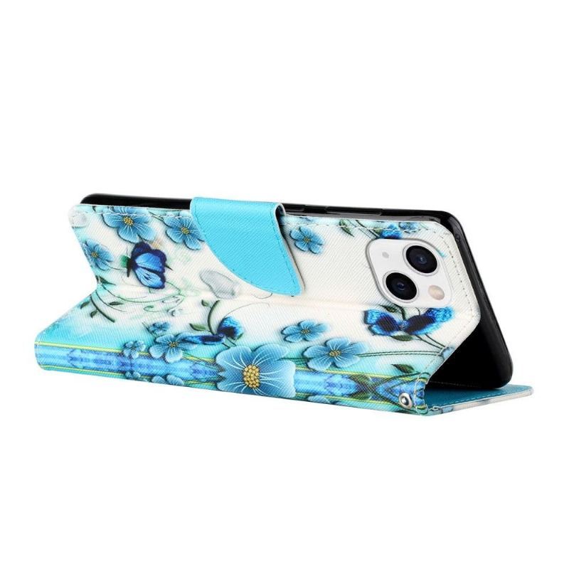 Etui Folio do iPhone 13 Mini Niebieskie Kwiaty I Motyle