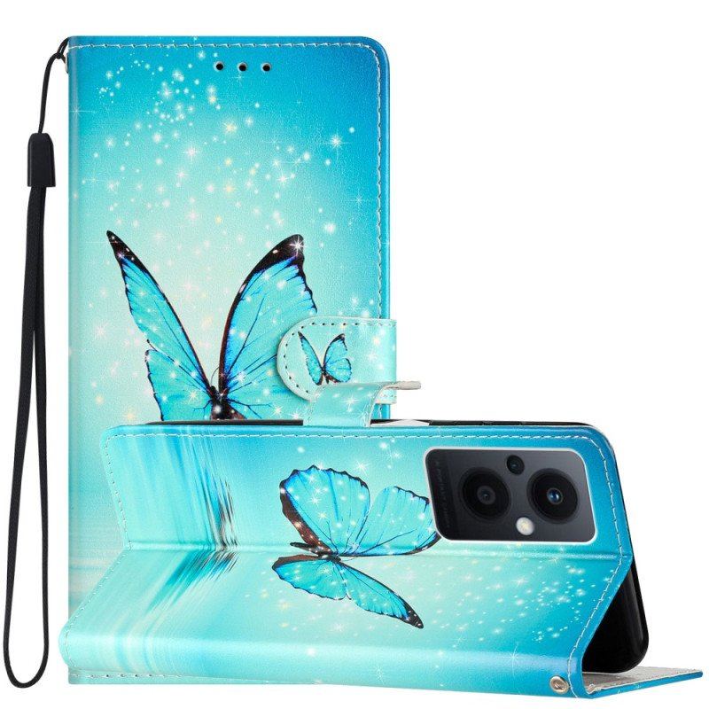 Etui Folio do Oppo Reno 8 Lite z Łańcuch Niebieskie Motyle Z Paskiem