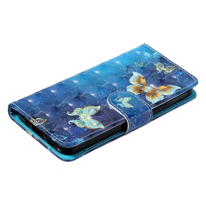 Etui Folio Do Xiaomi 14t Pro Niebieskie I Złote Motyle Z Paskiem