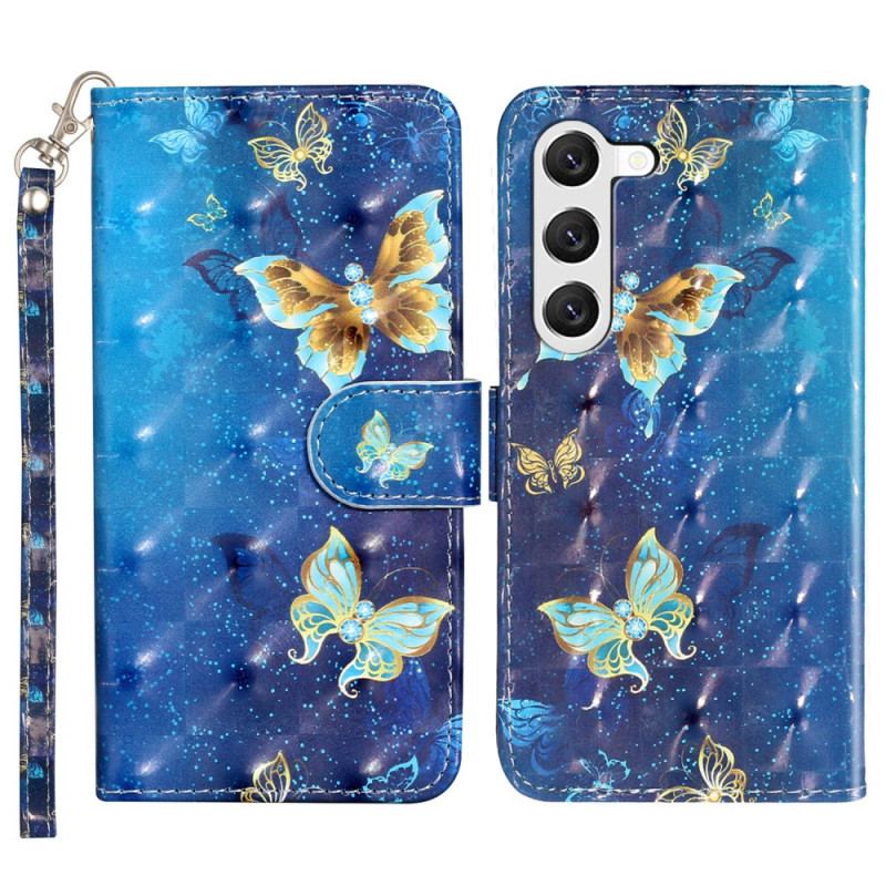 Etui Folio Do Samsung Galaxy S24 5g Niebieskie I Złote Motyle Ze Smyczą