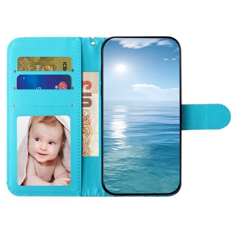 Etui Folio Do Samsung Galaxy S24 5g Niebieskie I Złote Motyle Ze Smyczą