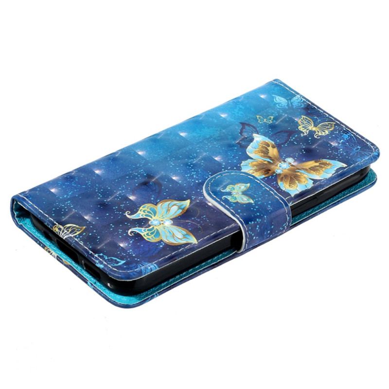 Etui Folio Do Samsung Galaxy S24 5g Niebieskie I Złote Motyle Ze Smyczą