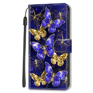 Etui Folio Do Samsung Galaxy S24 5g Złote I Niebieskie Motyle Z Paskiem