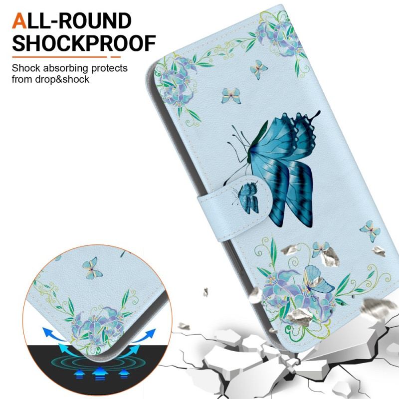 Etui Folio Samsung Galaxy S24 5g Niebieski Motyl I Kwiaty Etui Ochronne