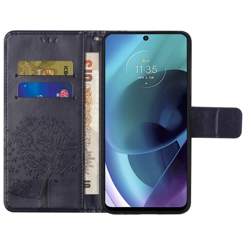 Etui Folio do Moto G51 5G z Łańcuch Drzewo Stringów I Sowy