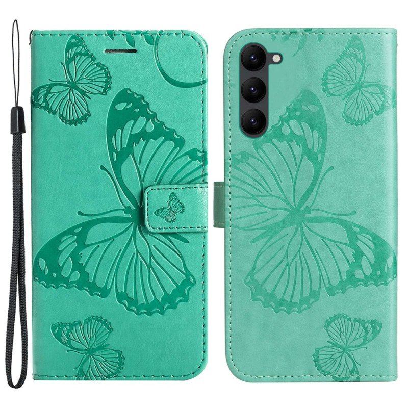 Etui Folio do Samsung Galaxy S23 5G z Łańcuch Gigantyczne Motyle Paskowe