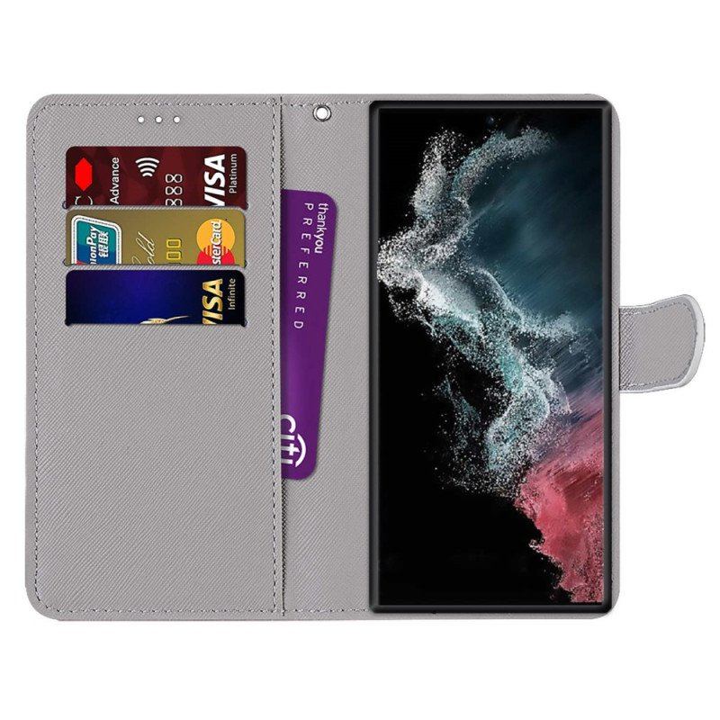 Etui Folio do Samsung Galaxy S23 Ultra 5G Czerwony Motyl Niebieskim Tle