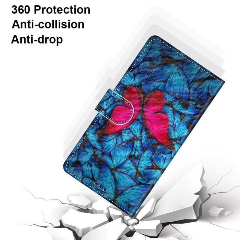 Etui Folio do Samsung Galaxy S23 Ultra 5G Czerwony Motyl Niebieskim Tle