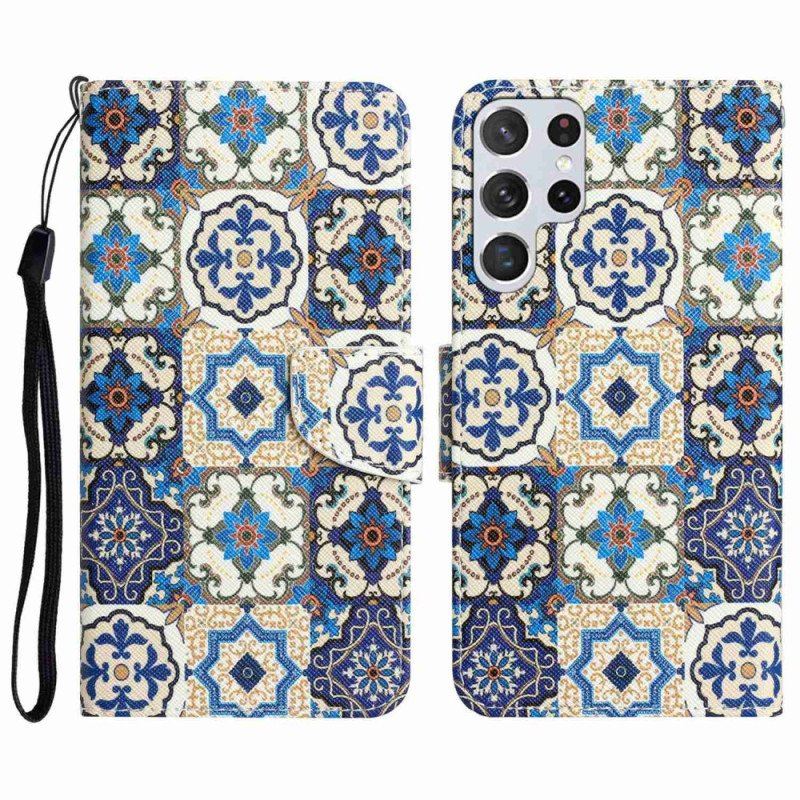 Etui Folio do Samsung Galaxy S23 Ultra 5G z Łańcuch Pasiasty Patchwork