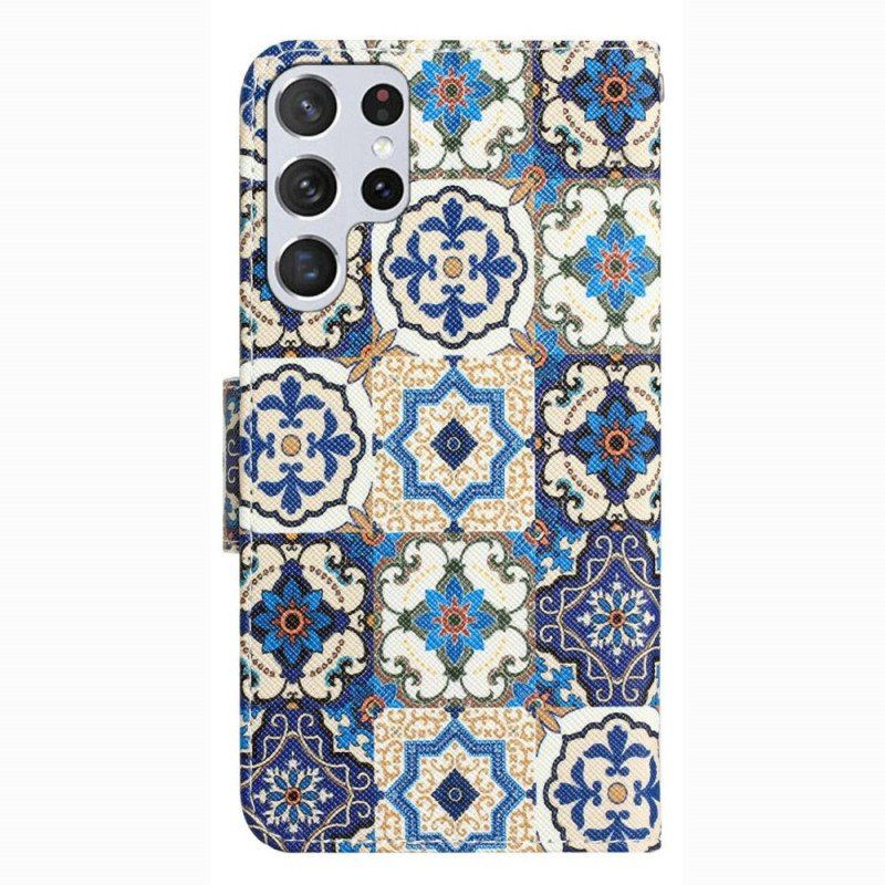 Etui Folio do Samsung Galaxy S23 Ultra 5G z Łańcuch Pasiasty Patchwork