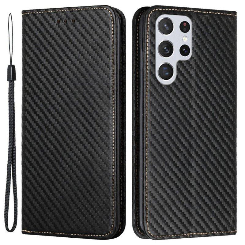 Etui Na Telefon do Samsung Galaxy S23 Ultra 5G z Łańcuch Etui Folio Pasek W Stylu Włókna Węglowego