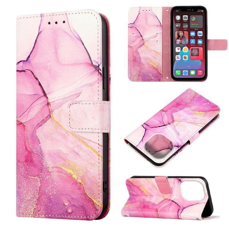 Etui Folio do iPhone 14 Pro Max z Łańcuch Pasek Marmuru