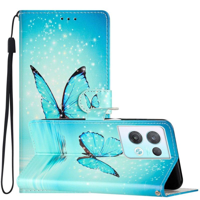 Etui Folio do Oppo Reno 8 Pro z Łańcuch Niebieskie Motyle Z Paskiem