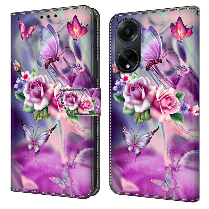 Etui Folio Oppo A98 5g Motyle I Fioletowe Kwiaty Etui Ochronne