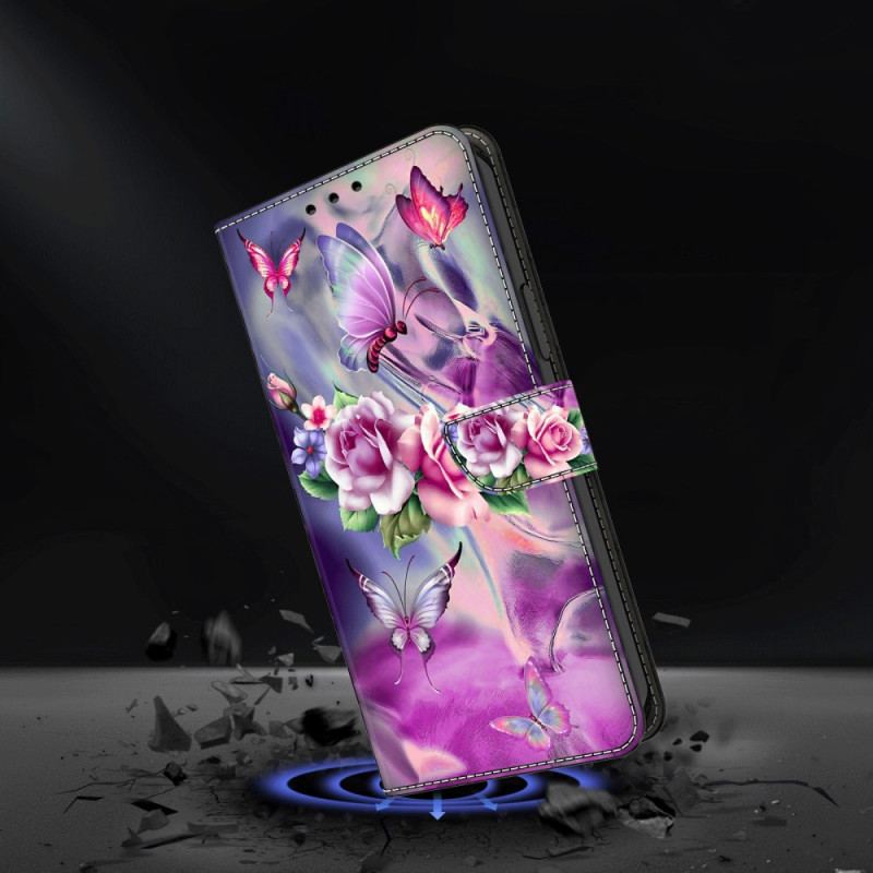 Etui Folio Oppo A98 5g Motyle I Fioletowe Kwiaty Etui Ochronne