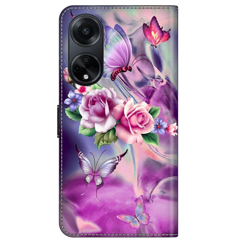 Etui Folio Oppo A98 5g Motyle I Fioletowe Kwiaty Etui Ochronne