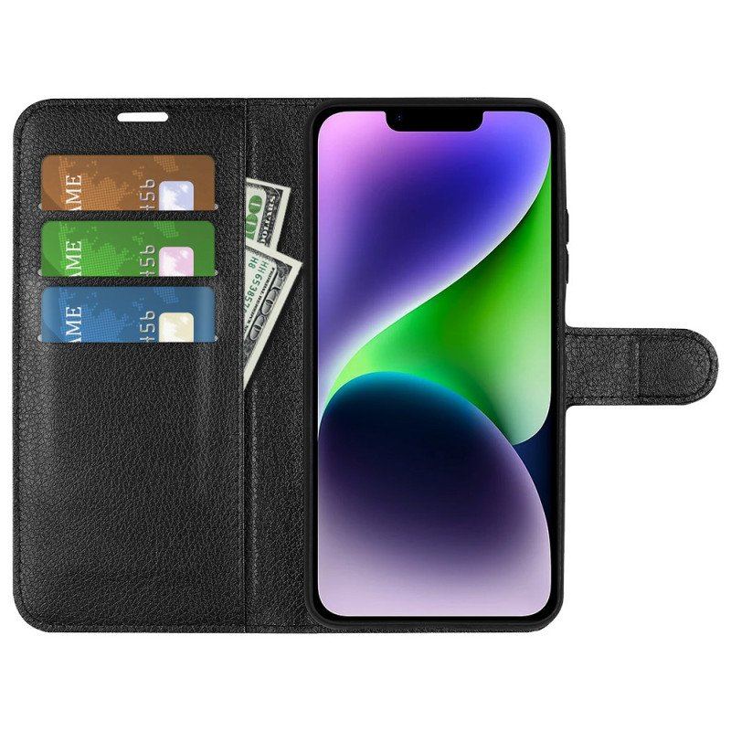 Etui Folio do iPhone 15 Klasyczna Sztuczna Skóra Litchi