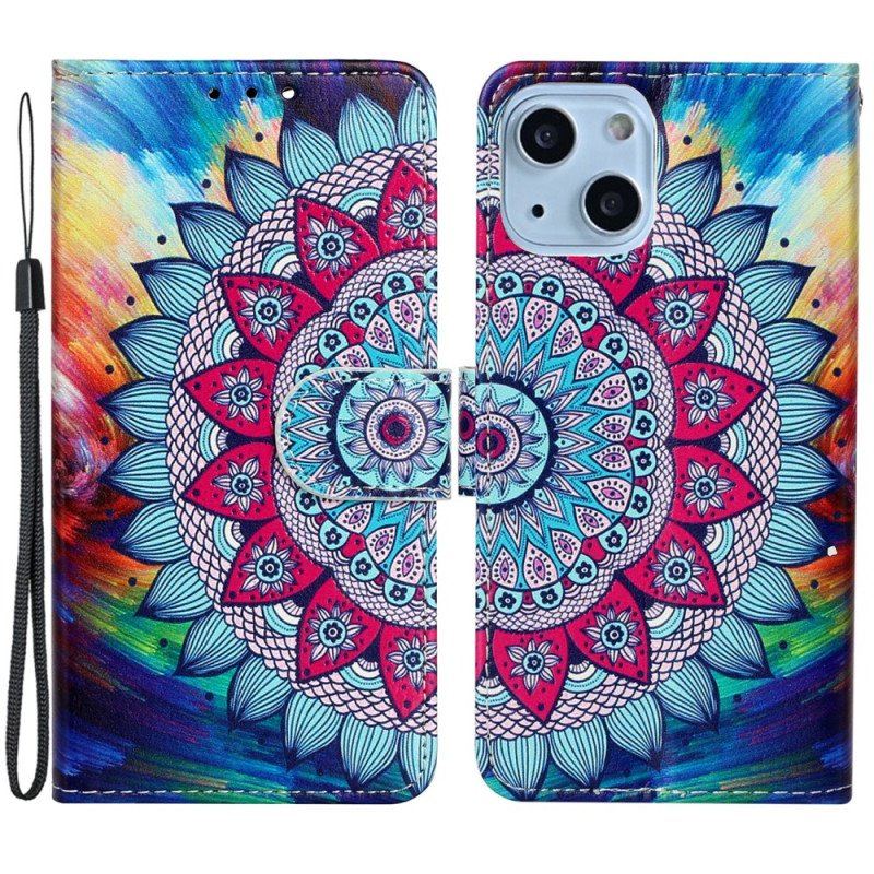 Etui Folio do iPhone 15 z Łańcuch Błyszcząca Mandala Z Paskiem