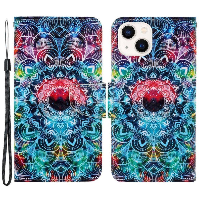 Etui Folio do iPhone 15 z Łańcuch Kolorowa Mandala Z Paskiem