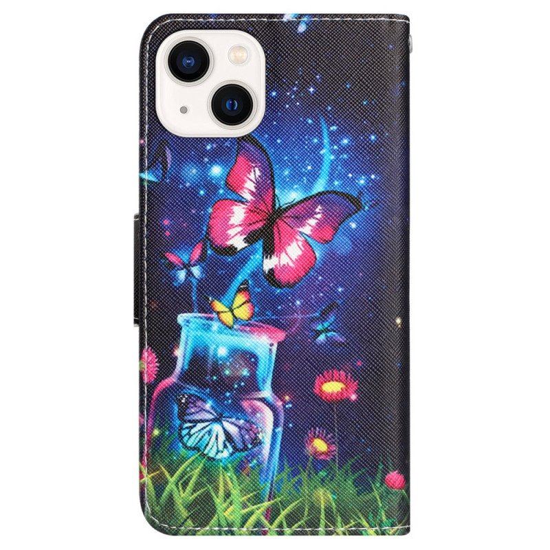 Etui Folio do iPhone 15 z Łańcuch Magiczne Motyle Ze Smyczką