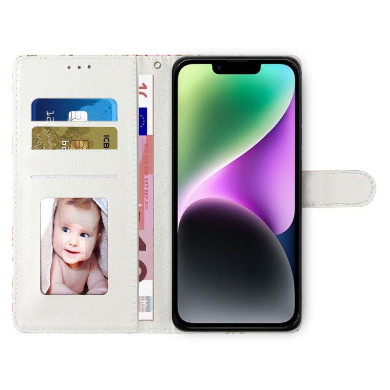 Etui Folio do iPhone 15 z Łańcuch Niebieski Motyl W Locie Z Paskiem