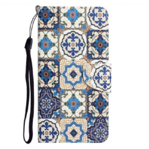 Etui Folio do iPhone 15 z Łańcuch Niebieski Patchwork Z Paskiem