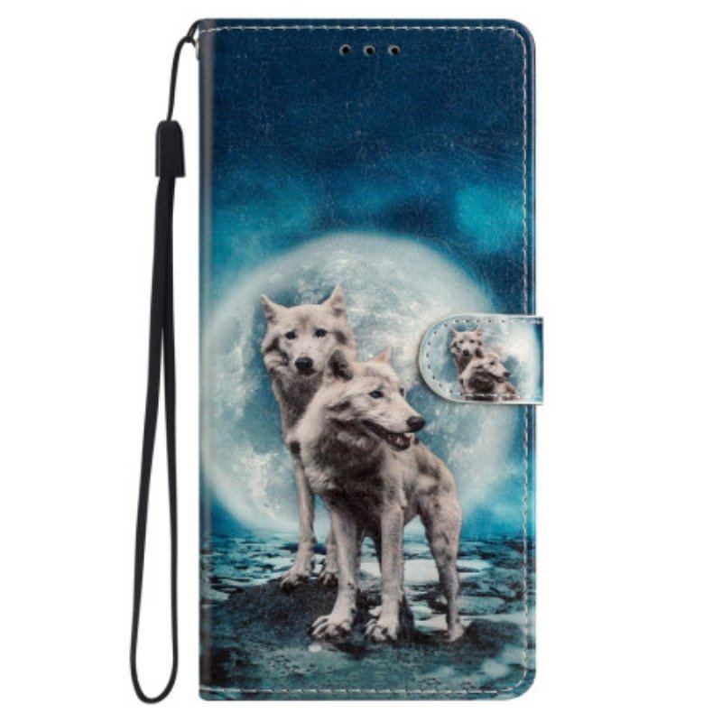 Etui Folio do iPhone 15 z Łańcuch Smycz Wilki Pod Księżycem