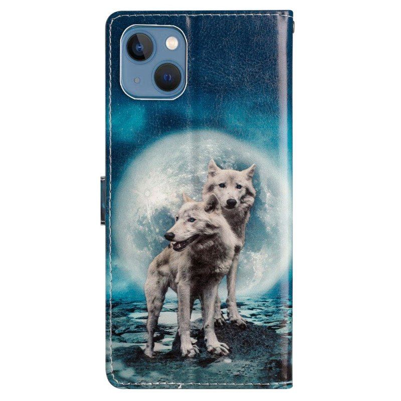 Etui Folio do iPhone 15 z Łańcuch Smycz Wilki Pod Księżycem