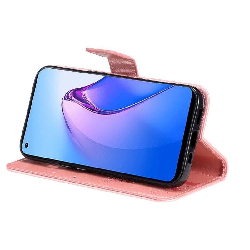 Etui Folio do Oppo Reno 8 z Łańcuch Drzewo I Pasiasty Kot