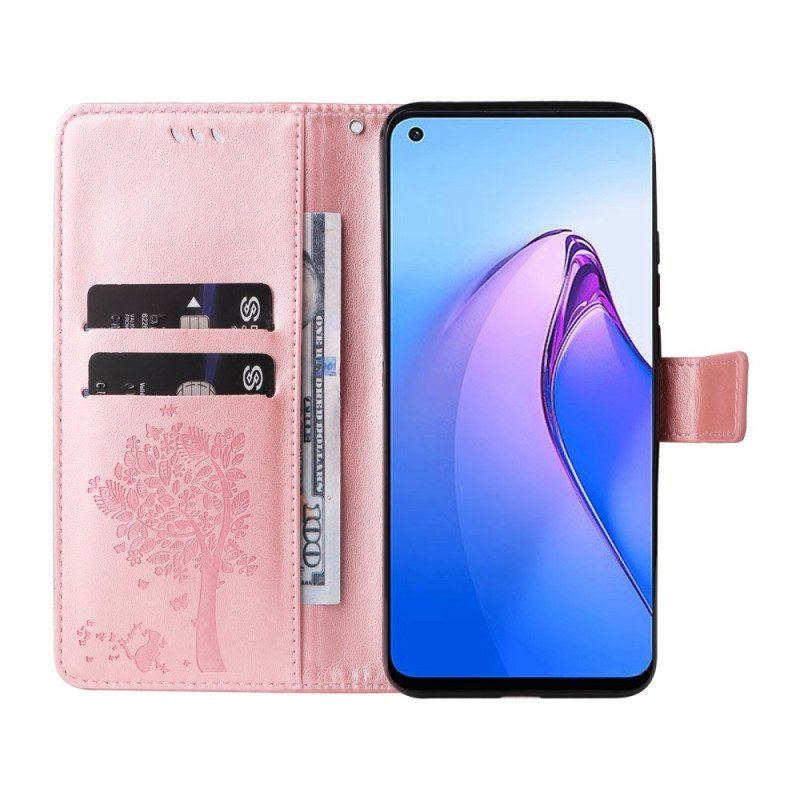 Etui Folio do Oppo Reno 8 z Łańcuch Drzewo I Pasiasty Kot