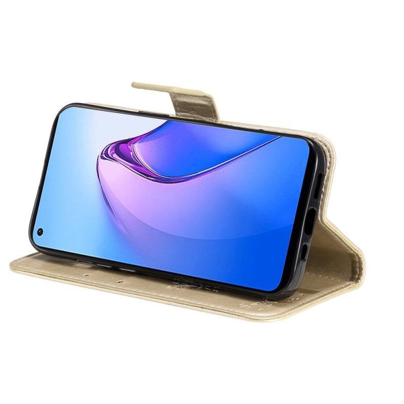 Etui Folio do Oppo Reno 8 z Łańcuch Drzewo I Pasiasty Kot