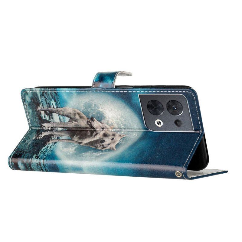 Etui Folio do Oppo Reno 8 z Łańcuch Smycz Wilk