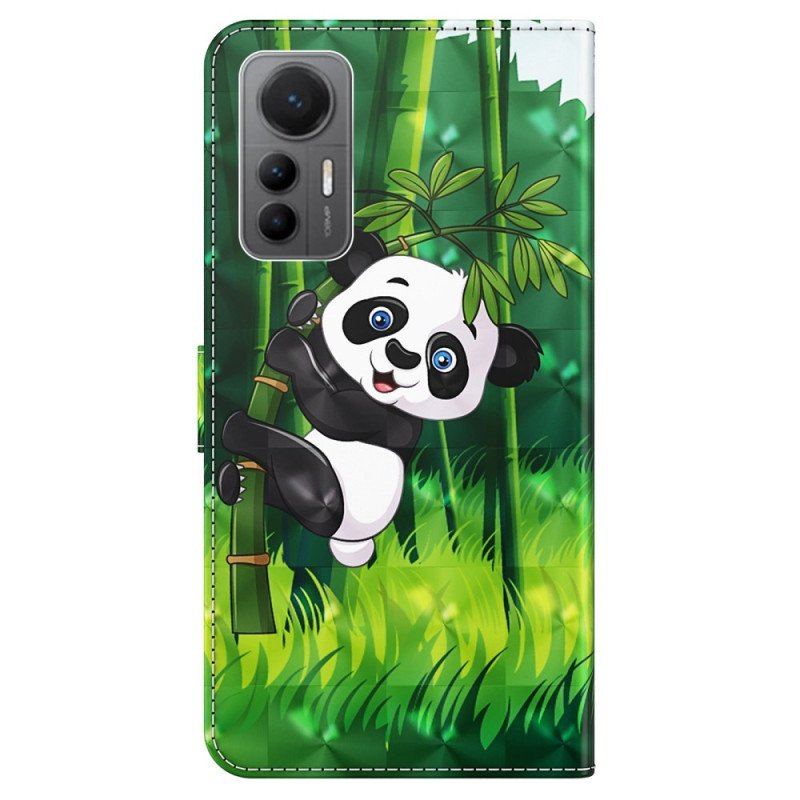 Skórzany Futerał do Xiaomi 12 Lite z Łańcuch Bambusowa Panda Ze Smyczą