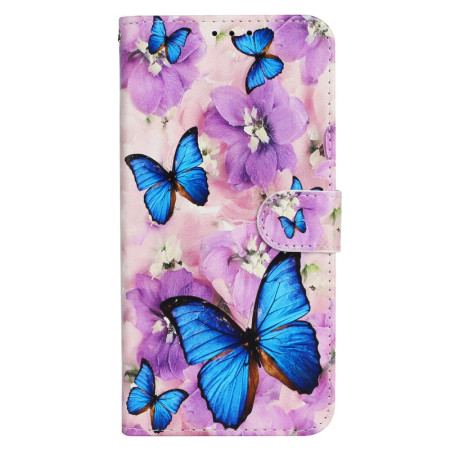 Etui Folio iPhone 16 Niebieskie Motyle I Fioletowe Kwiaty Z Paskiem