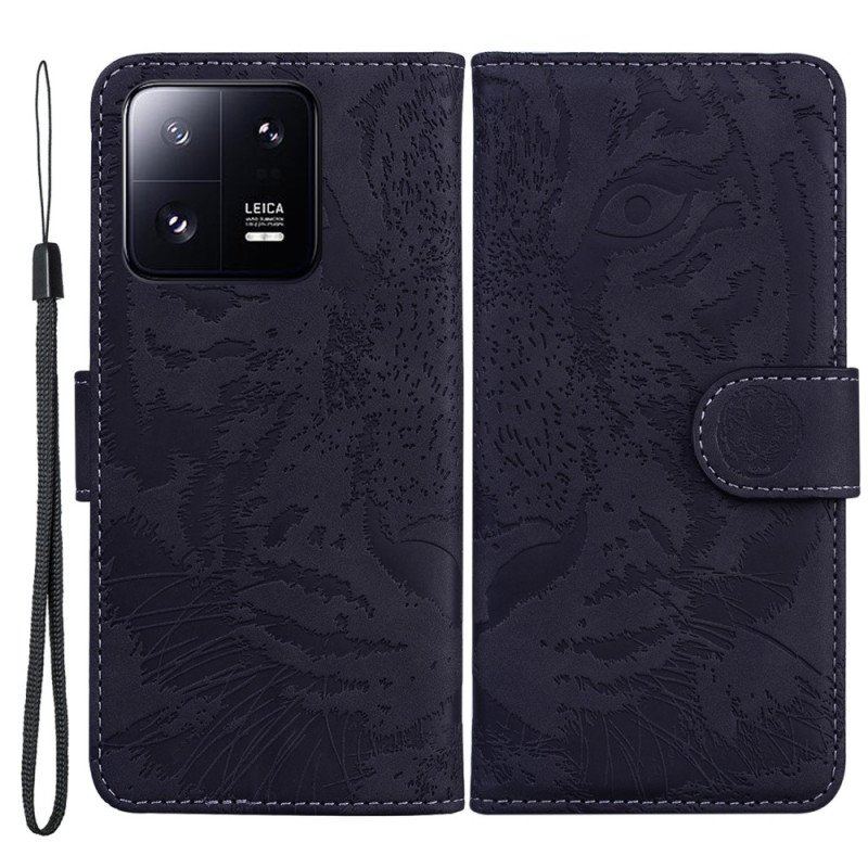 Etui Folio do Xiaomi 13 Pro z Łańcuch Paskowaty Nadruk Tygrysa