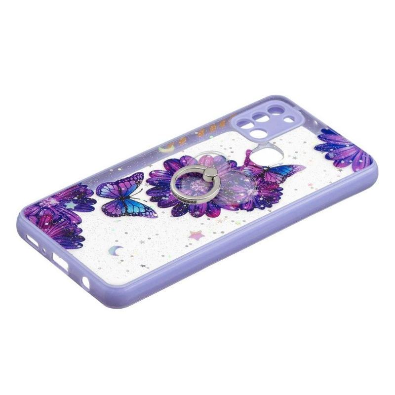 Etui do Samsung Galaxy A21s Fioletowe Kwiaty I Motyle Z Pierścieniem