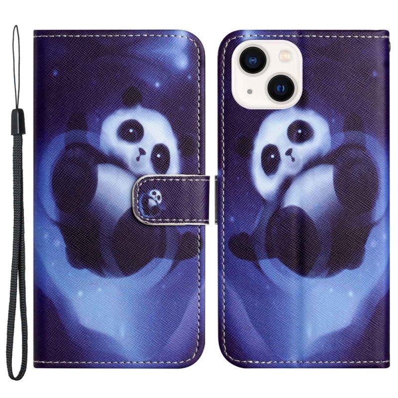 Etui Folio do iPhone 14 Plus z Łańcuch Panda W Kosmosie Ze Smyczą