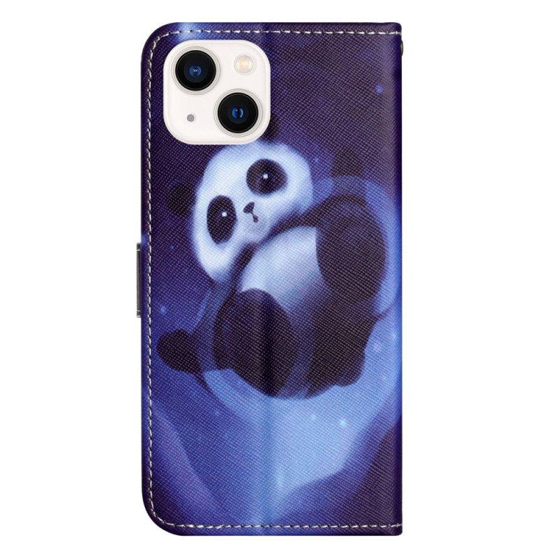 Etui Folio do iPhone 14 Plus z Łańcuch Panda W Kosmosie Ze Smyczą