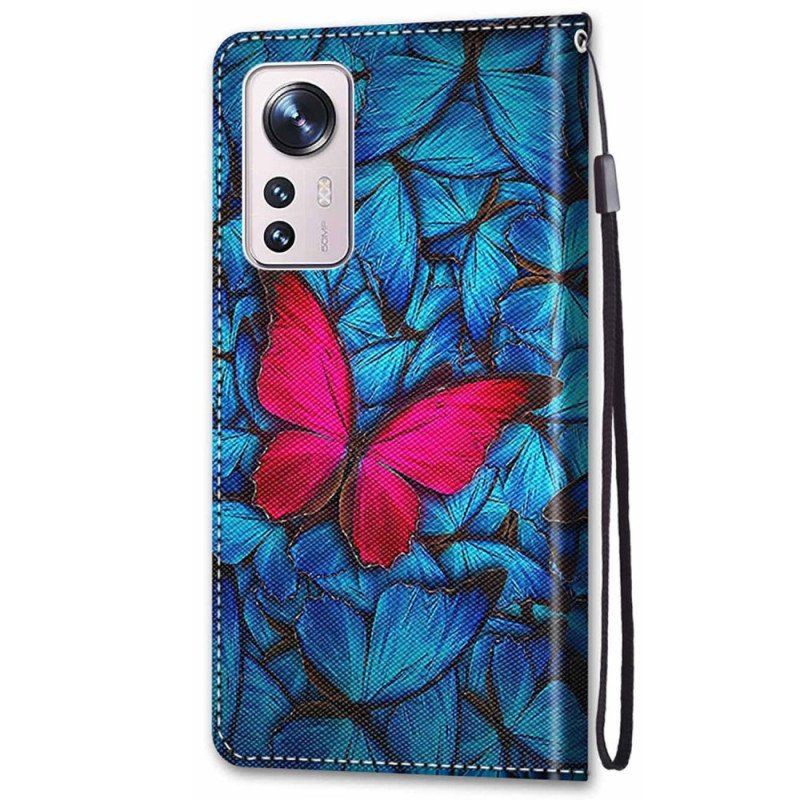 Etui Folio do Xiaomi 12 / 12X z Łańcuch Czerwony Motyl Z Paskiem