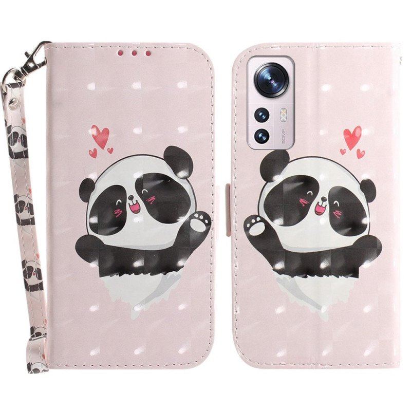 Etui Folio do Xiaomi 12 / 12X z Łańcuch Panda Love Ze Smyczą