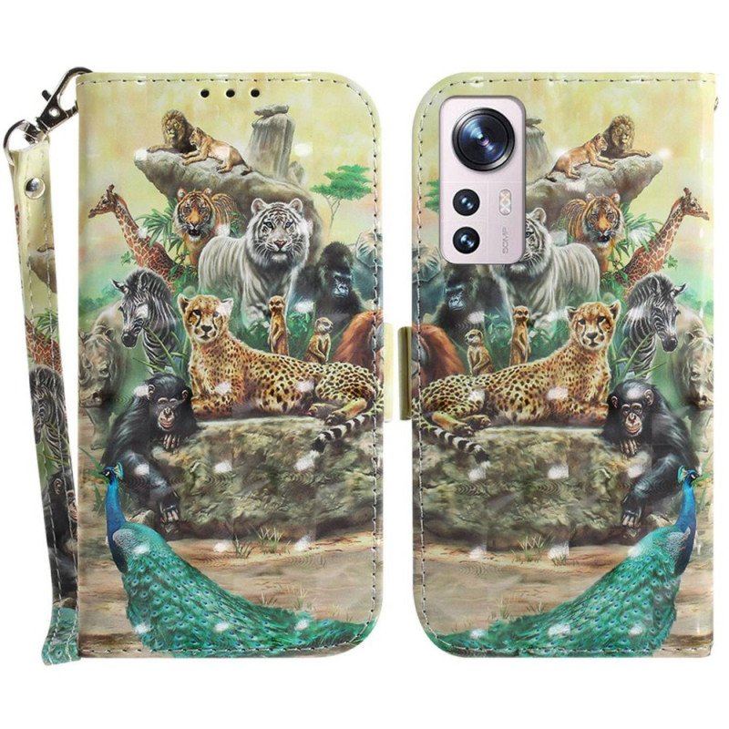 Etui Folio do Xiaomi 12 / 12X z Łańcuch Stringi Safari Animals