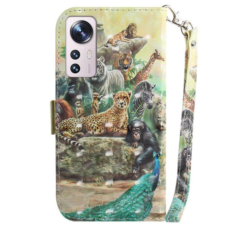 Etui Folio do Xiaomi 12 / 12X z Łańcuch Stringi Safari Animals