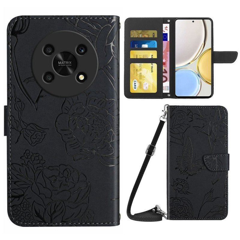 Etui Folio do Honor Magic 4 Lite 5G Motyle Z Paskiem Na Ramię