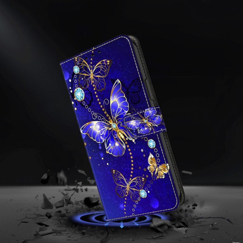 Etui Folio Do Xiaomi Redmi Note 13 4g Diamentowe Motyle Na Niebieskim Tle