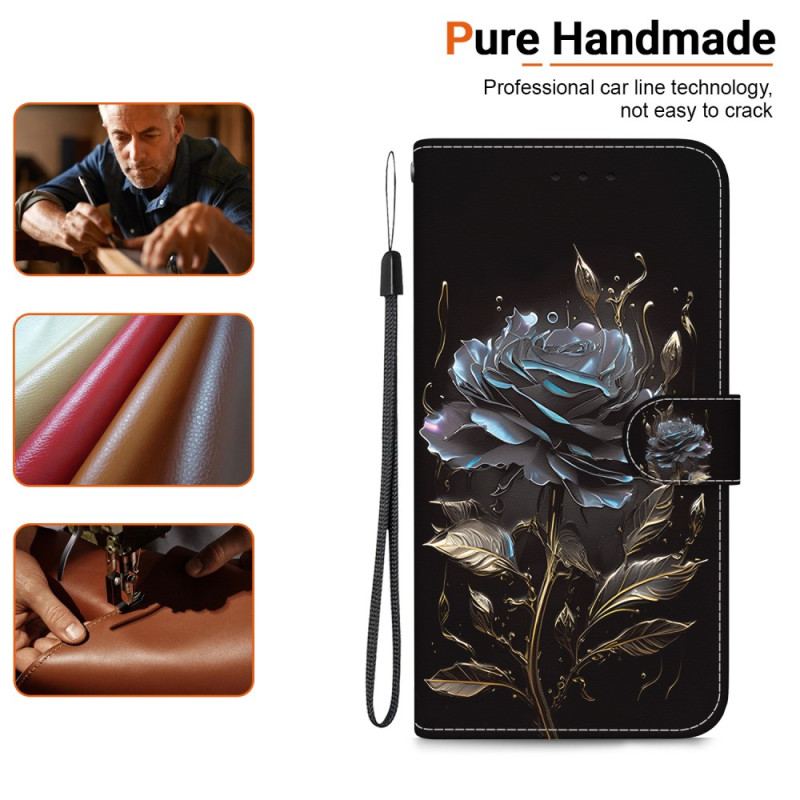 Etui Folio Xiaomi Redmi Note 13 4g CZarna Róża Z Paskiem Etui Ochronne