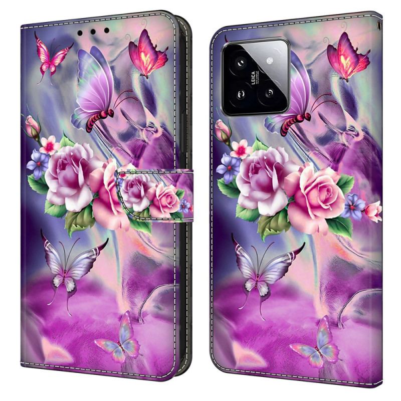 Etui Folio Xiaomi 14 Fioletowe Motyle I Kwiaty Etui Ochronne