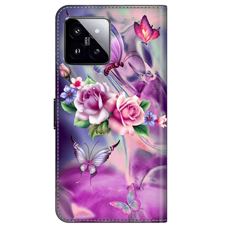 Etui Folio Xiaomi 14 Fioletowe Motyle I Kwiaty Etui Ochronne