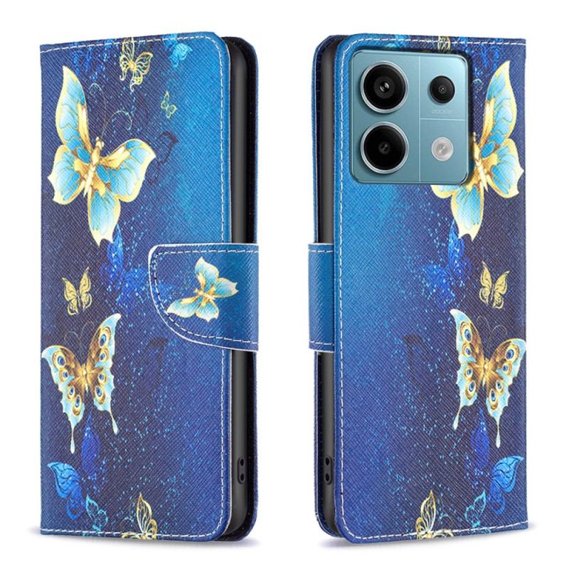 Etui Folio Xiaomi Redmi Note 13 Pro 5g Złote Motyle Na Niebieskim Tle Etui Ochronne