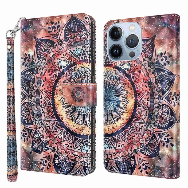 Etui Folio do iPhone 14 Pro z Łańcuch Kolorowa Mandala Z Paskami